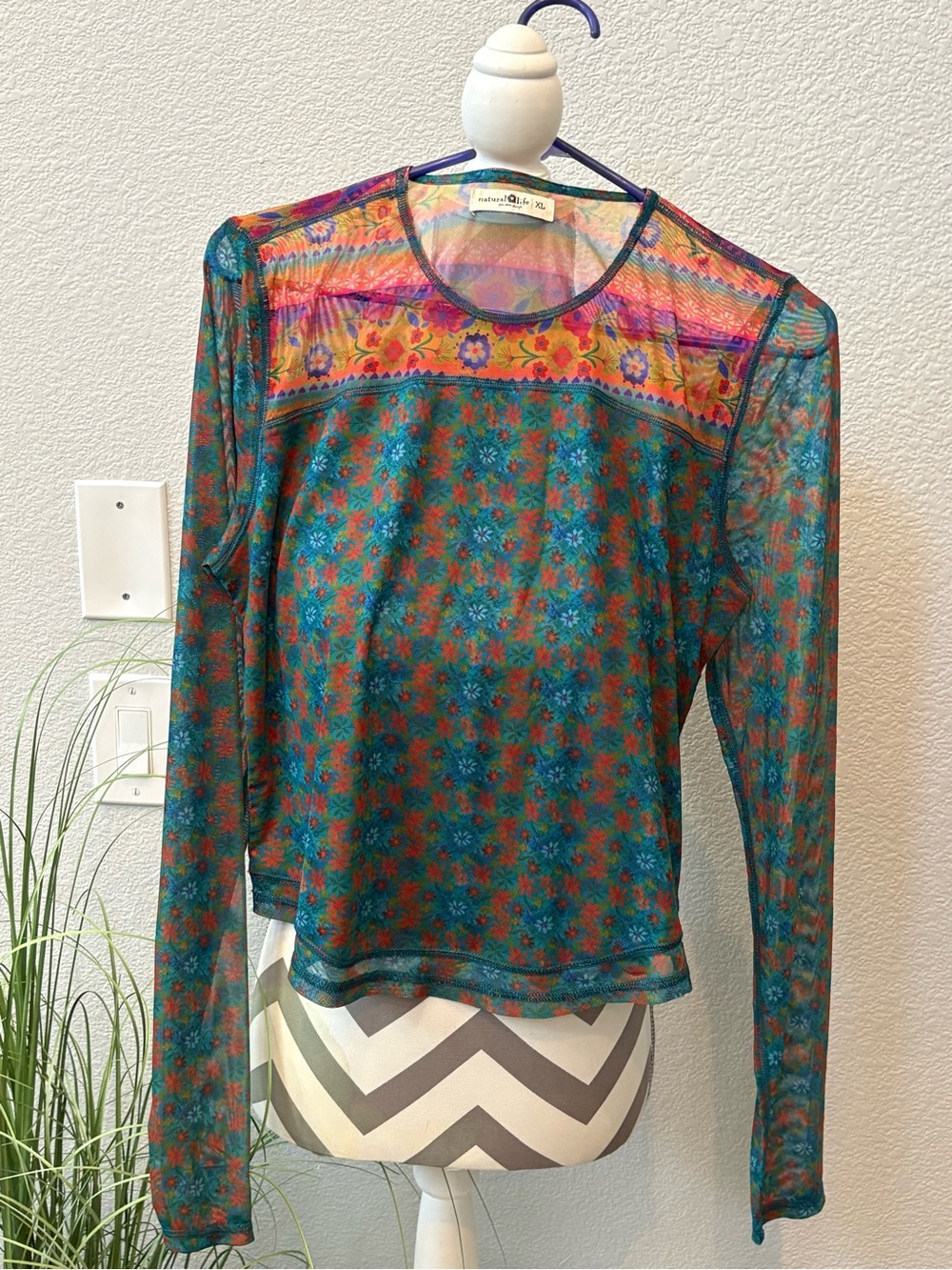 NATURAL LIFE Teal Floral Sheer Long-Sleeve Top with Multicolor Yoke